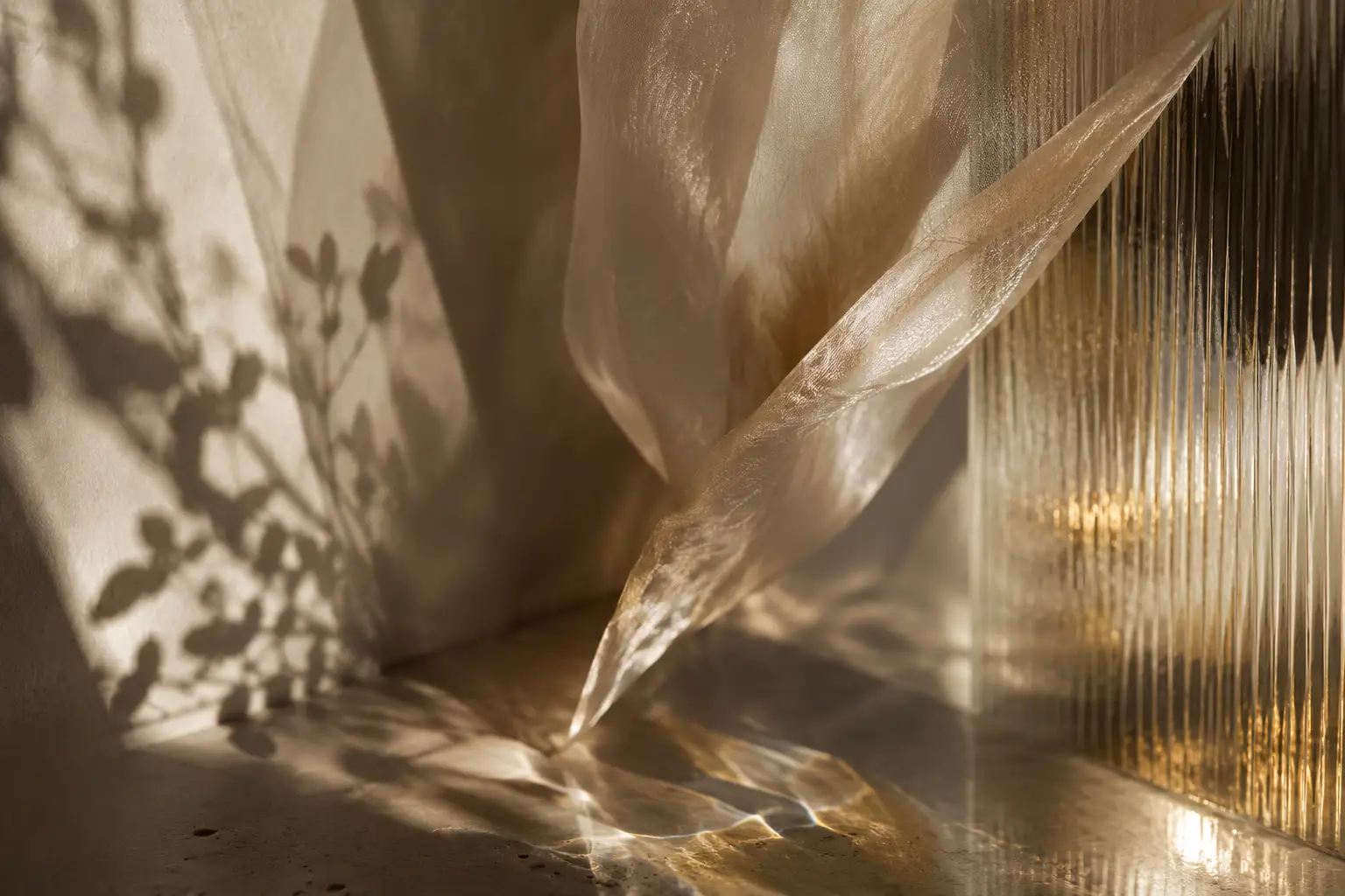 Abstract natuurlijk licht met transparante stof en zachte plantenschaduwen