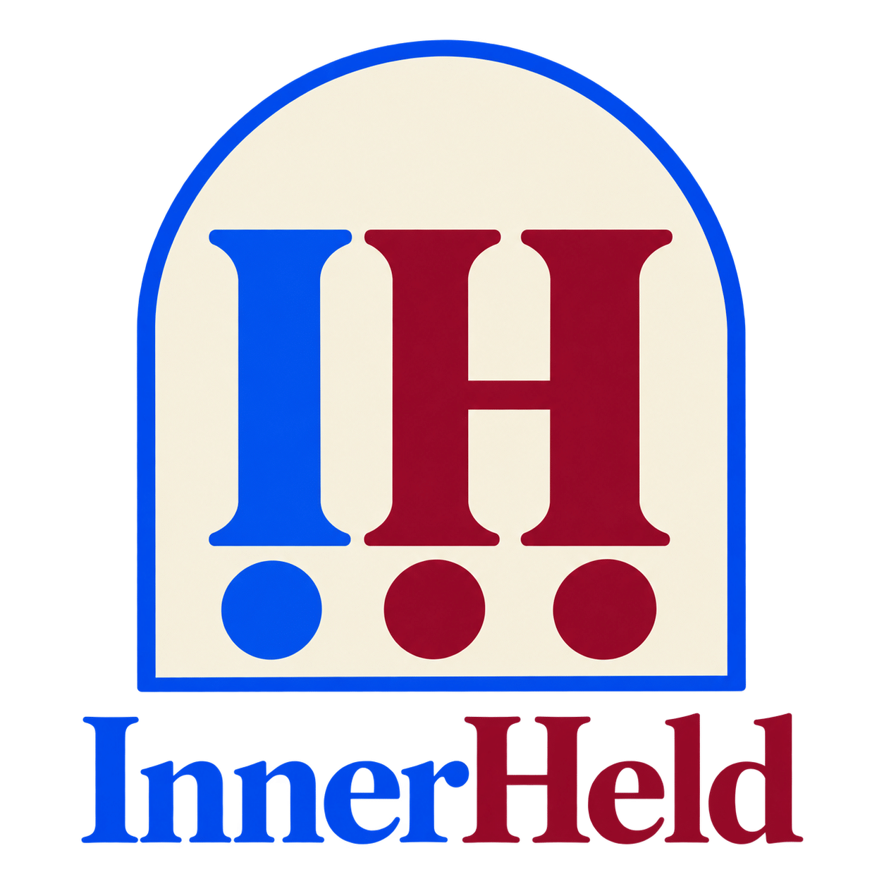 IH-beeldmerk van InnerHeld in kobaltblauw, bordeaux en beige, met een transparante achtergrond.